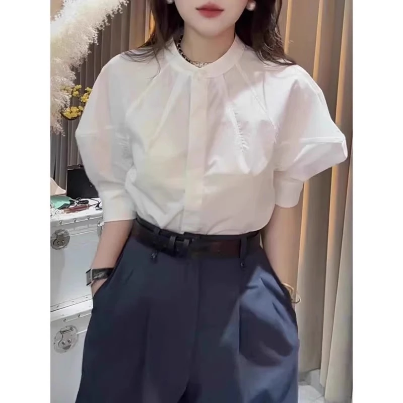 芯娇晴高级感时尚法式白色女装圆领泡泡袖衬衫通勤绝美气质上衣薄