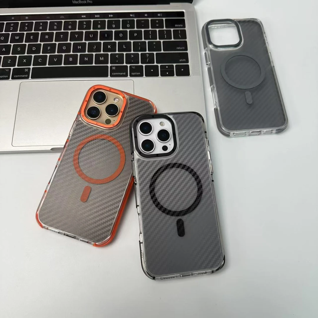 碳纤维纹适用iPhone16promax防摔手机壳带防滑条苹果15pm磨砂磁吸