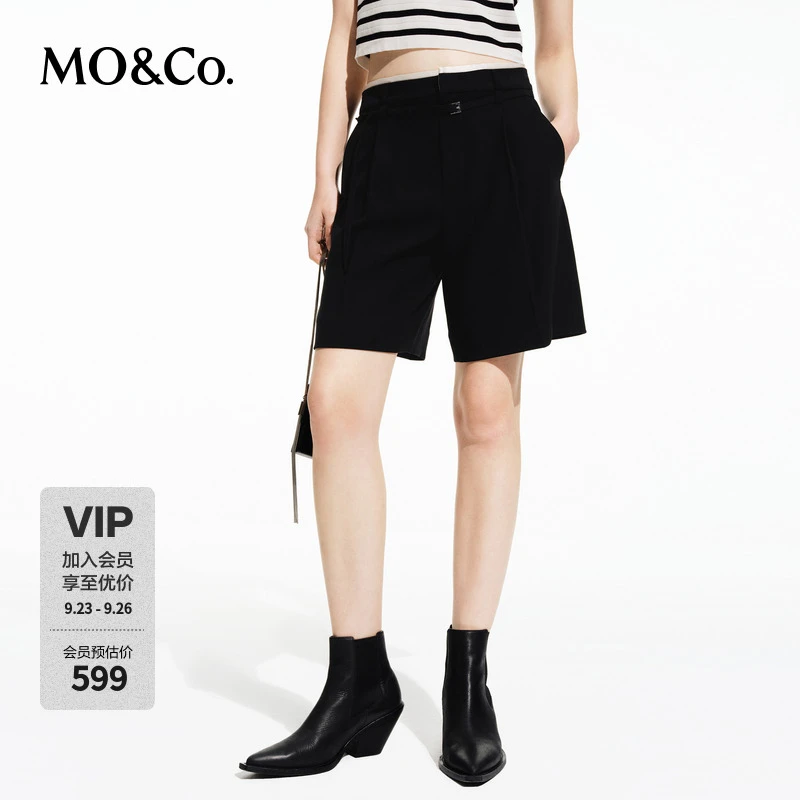 MOCO夏季拼接腰宽松A字压褶短裤附腰带MBD2SOTK04