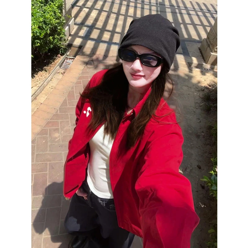 美式复古红色棒球服外套男女春秋款巨好看早秋季开衫情侣夹克上衣