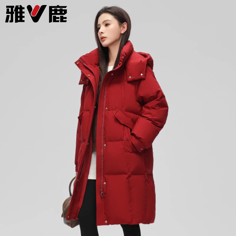 雅鹿2025年新款90绒子保暖连帽防风羽绒服长外套冬季羽绒服女