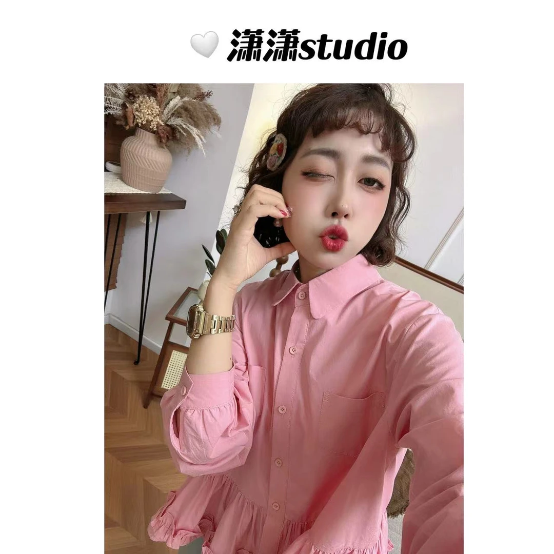 【小天鹅】【拼接下摆】潇潇自制纯棉面料下摆花边韩系百搭衬衣XS2326