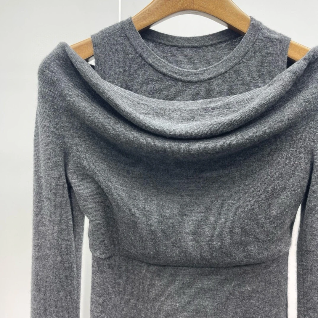 镂空设计露肩针织衫商场同款2025春新款假两件长袖上衣8001