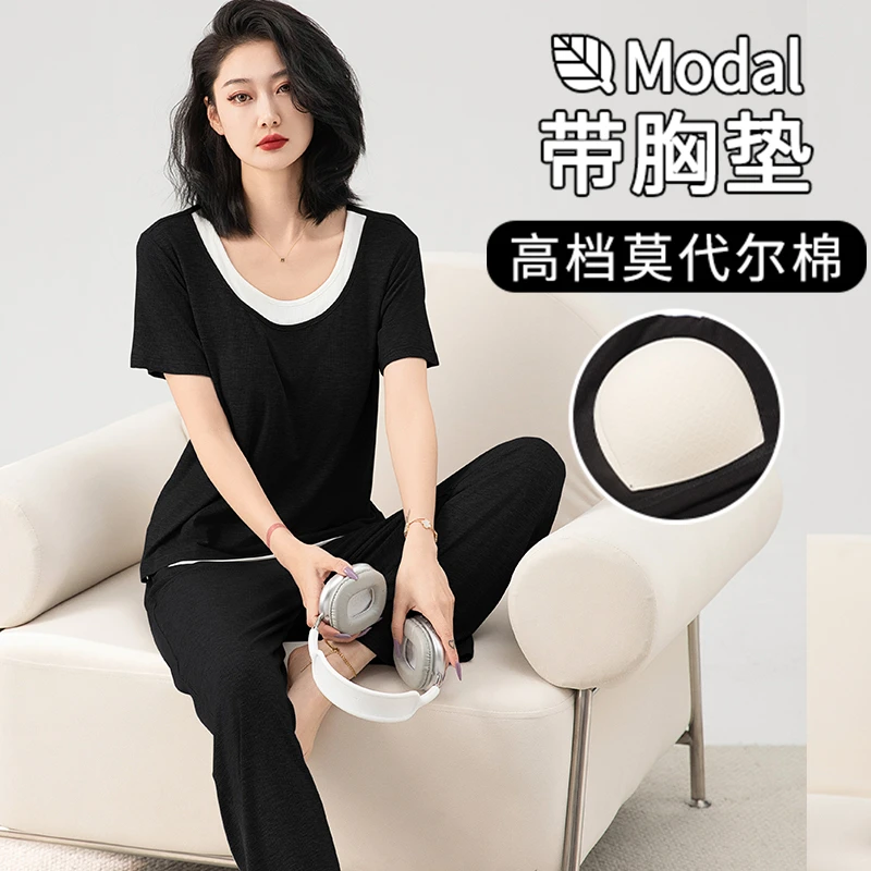 2025新款莫代尔带胸垫大码短袖长裤薄款可外穿家居服夏季休闲