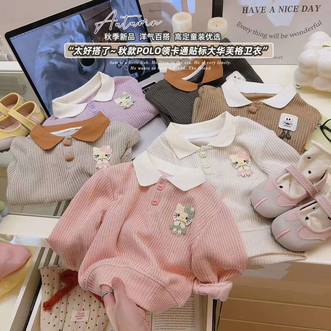 秋季新款女童套头毛衣针织衫宝宝洋气儿童打底可爱翻领卡通春秋ol