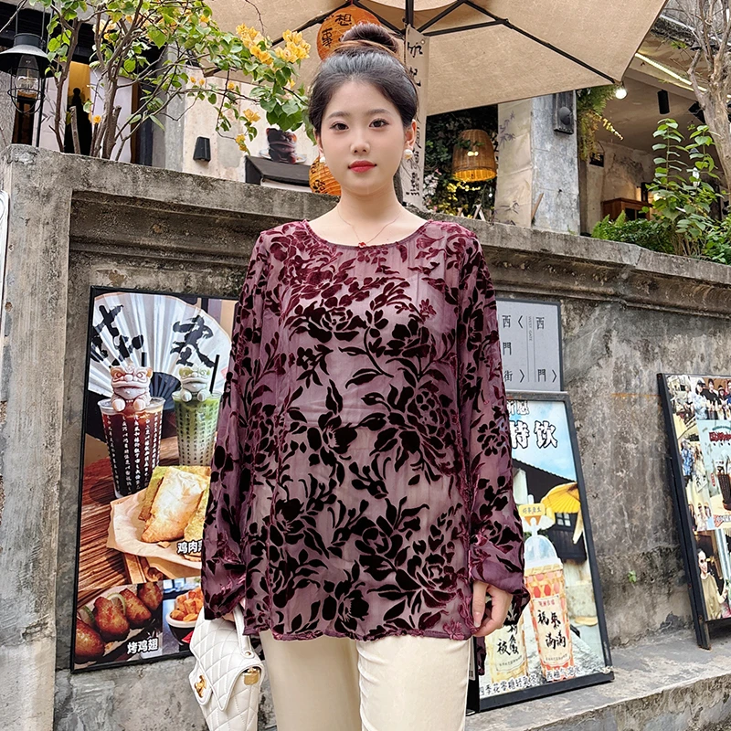 设计师品牌正品新款桑蚕丝圆领长袖复古高级感植绒上衣女