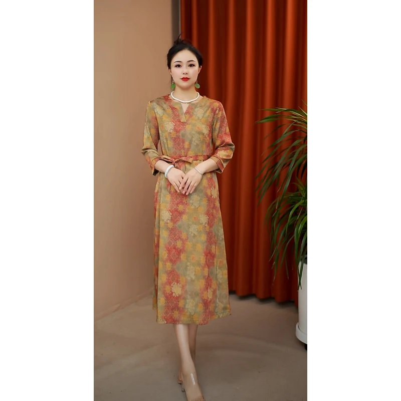 铜钱花YJ3811时尚妈妈装中长款连衣裙