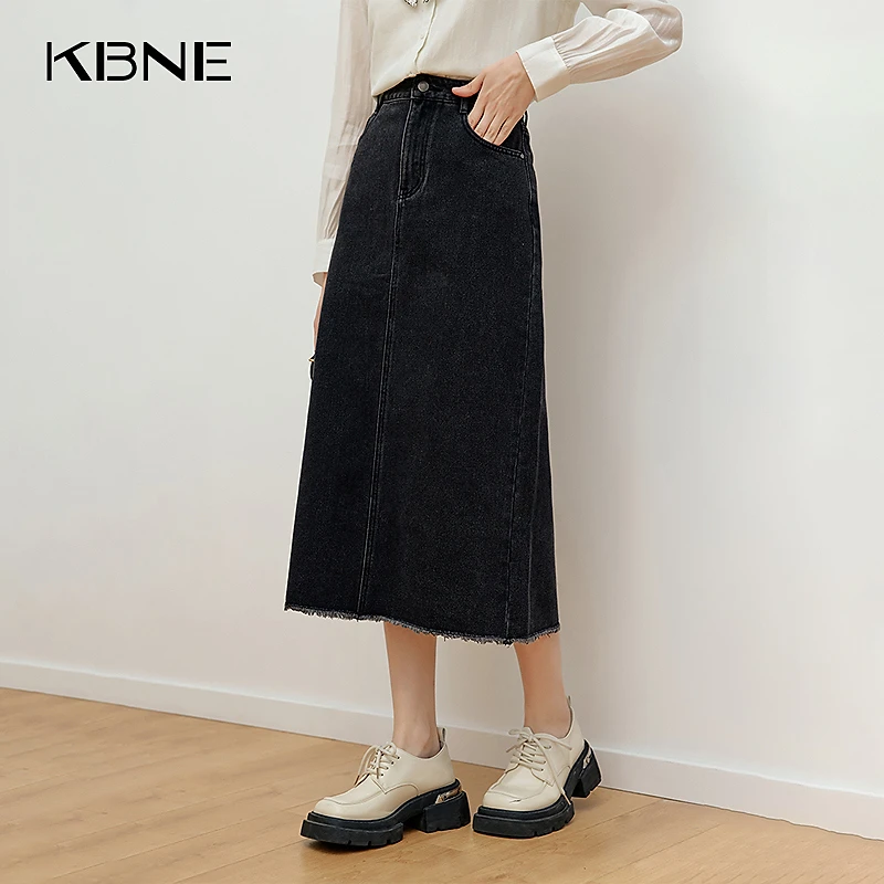 KBNE2025秋装新款高腰百搭黑色显瘦中长款牛仔A字半身裙子女
