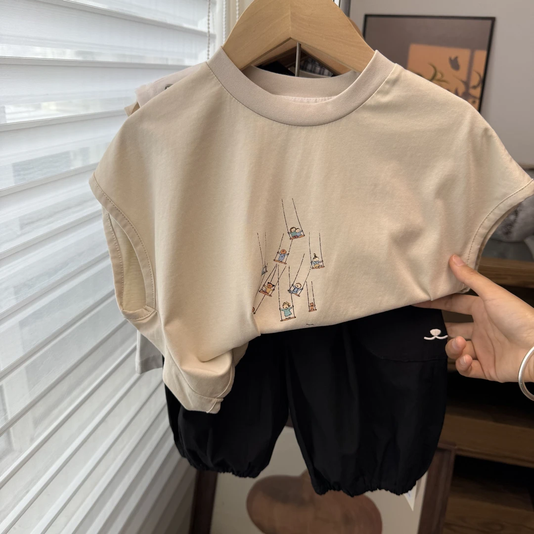 韩系卡通印花男女童舒适透气圆领T恤洋气百搭休闲无袖夏季