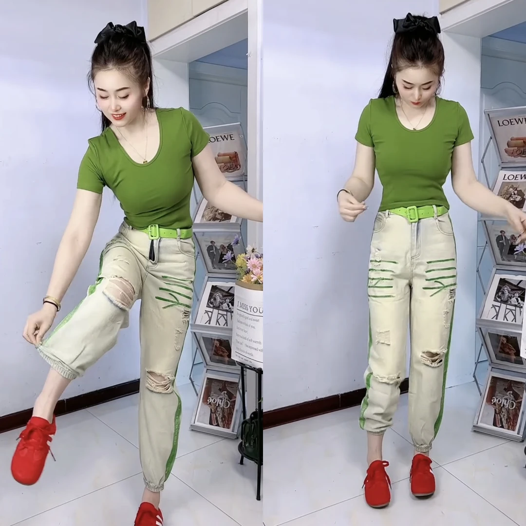 夏季新款洋气圆领修身短袖T恤搭配牛仔束脚九分裤套装