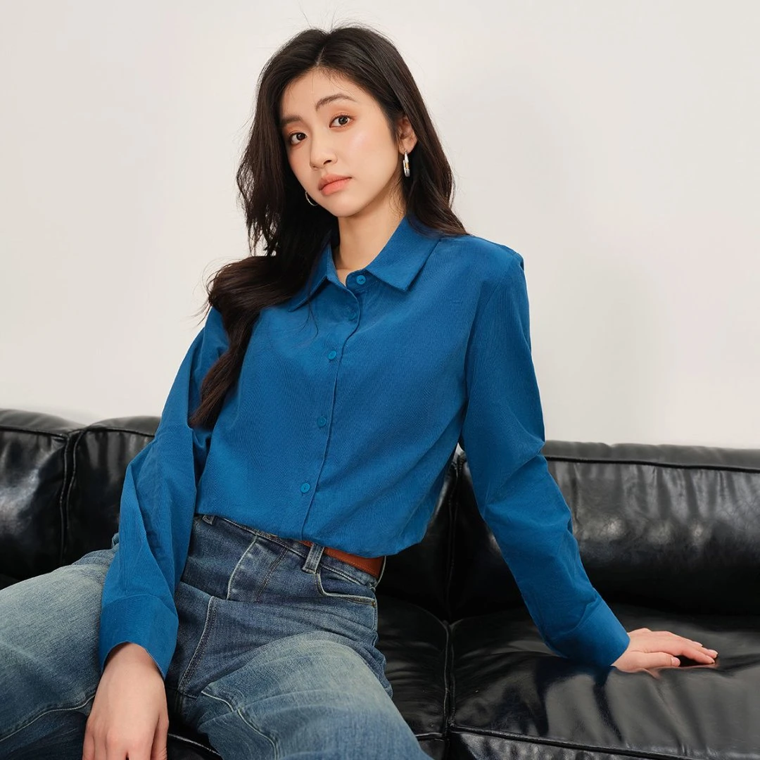 【流光风穿搭】茵曼25秋季纯棉简约长袖翻领衬衫职业百搭灯芯绒衬衣