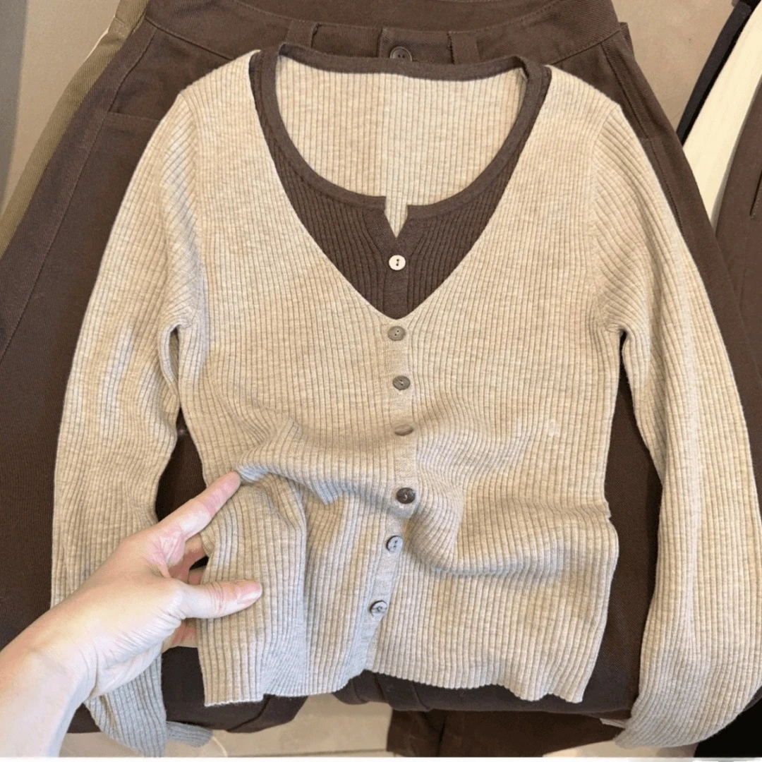 【巧可酥】秋季新款显瘦针织假两件 上衣开衫YY-80032