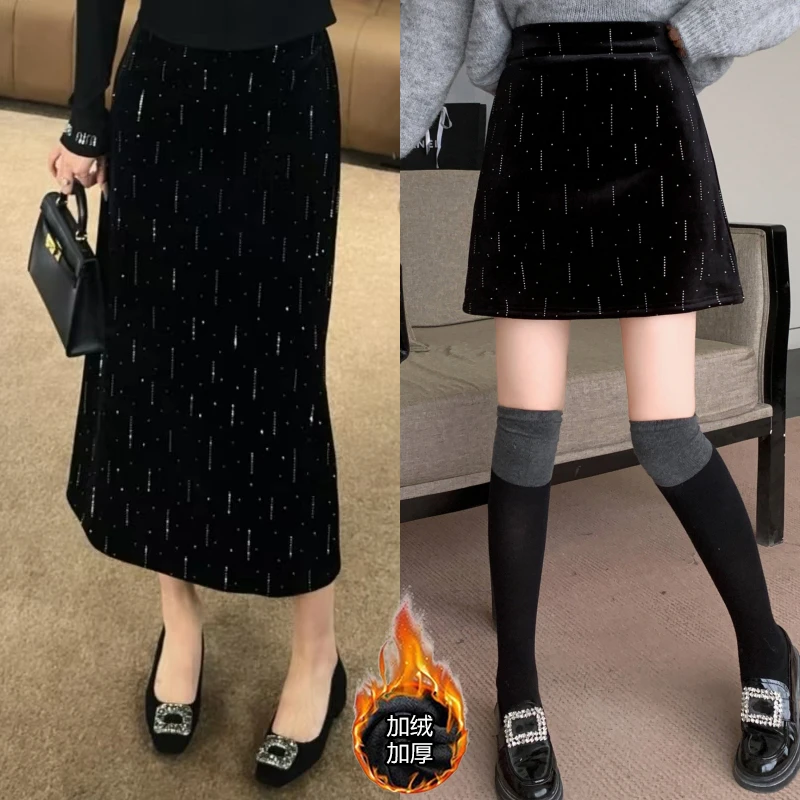 秋冬新款暗夜銮金韩式重工烫钻绒显瘦高腰包臀半身裙6773+6907