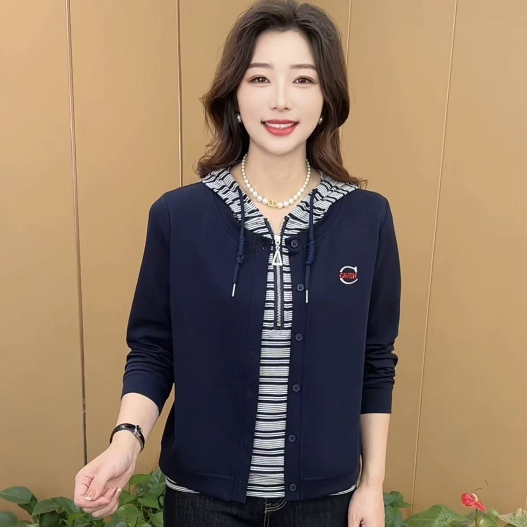 秋季新款时尚连帽假两件设计感条纹刺绣洋气百搭休闲长袖卫衣K161