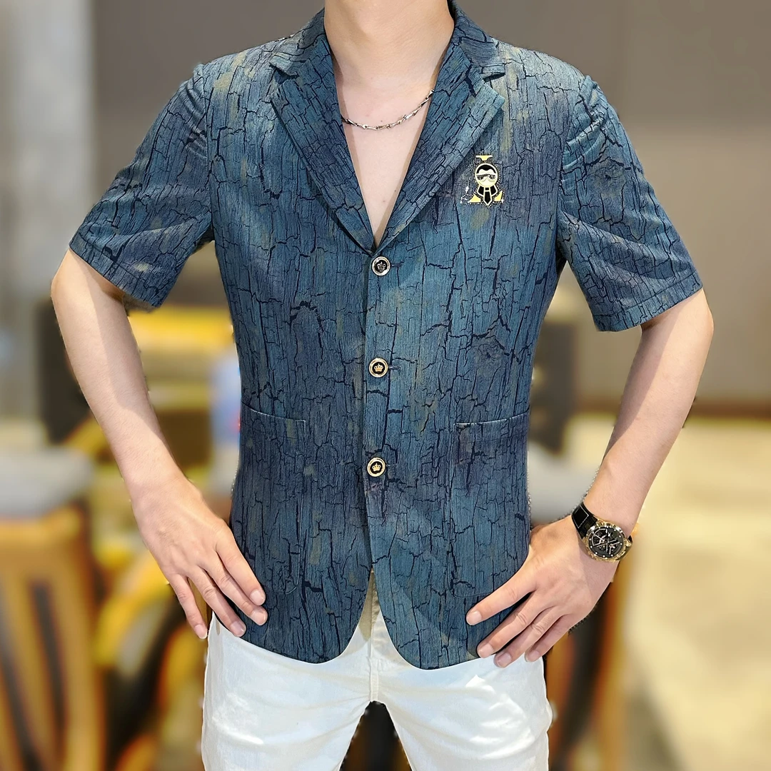 2025夏季新款修身男士休闲高品质色块印花个性烫钻西服短袖T恤