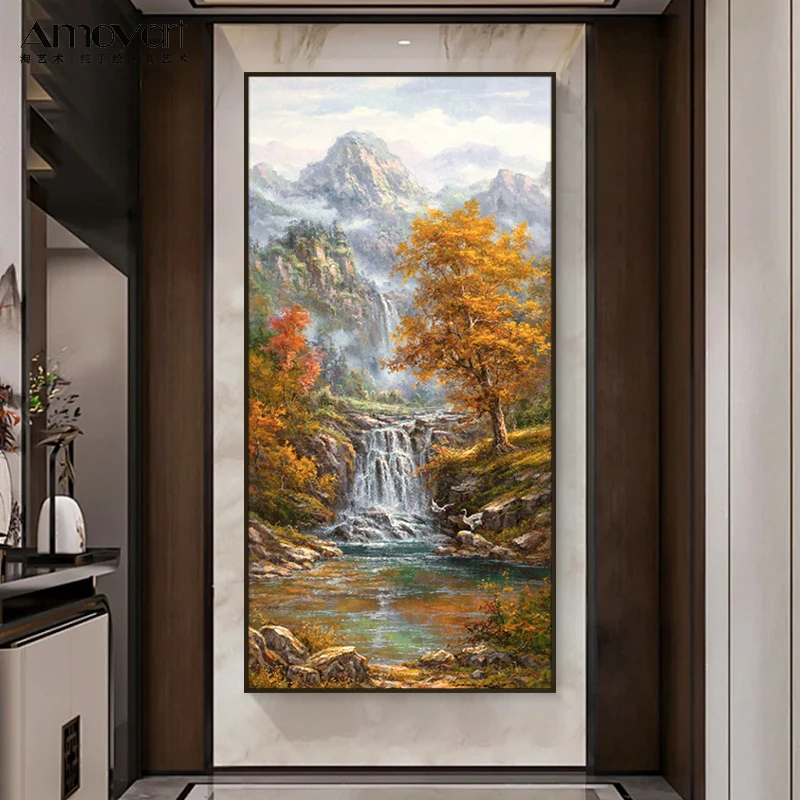 手绘油画金秋山水画大厅壁画轻奢风景油画玄关挂画中式走廊装饰画