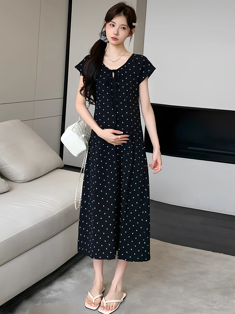 孕妇夏装2025新款系绳调节波点裙子修身显瘦夏季连衣裙小个子穿搭