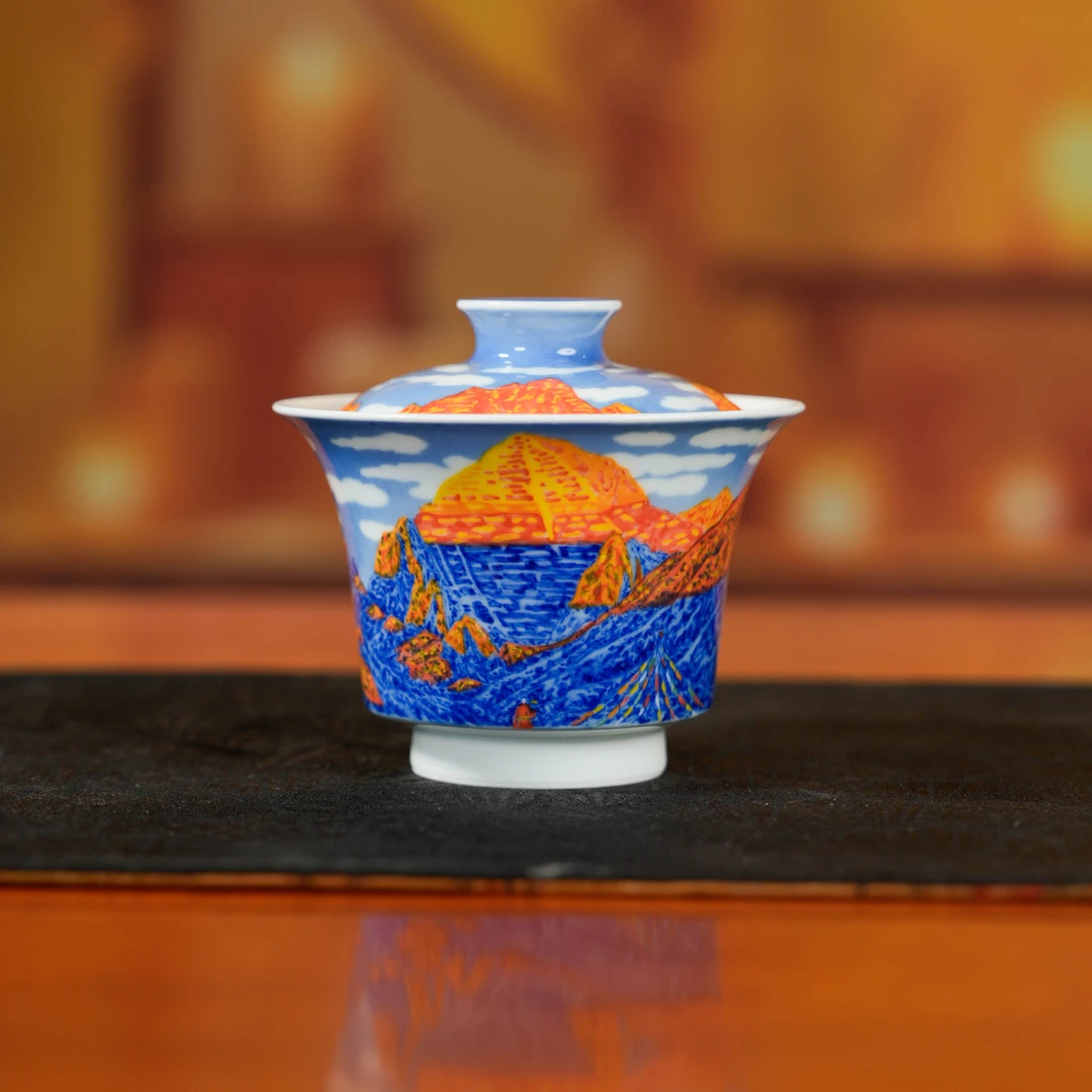【墨舍名窑】清三青花山水马蹄盖碗冈仁波齐qs150