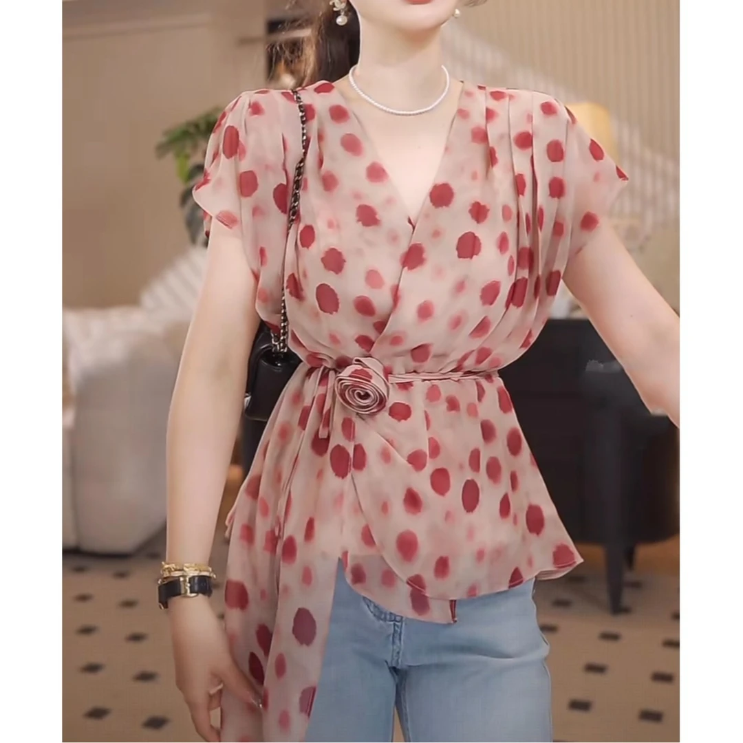 2025夏季新款撞色波点设计感短袖上衣时尚洋气V领飘带气质百搭T恤