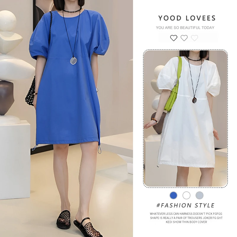 超好看纯色泡泡袖连衣裙女2025年夏季小众感超气质收腰显瘦裙子