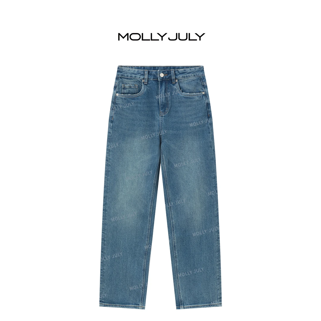 MOLLY JULY 中腰休闲版型水洗牛仔复古丹宁中蓝女士直筒牛仔裤