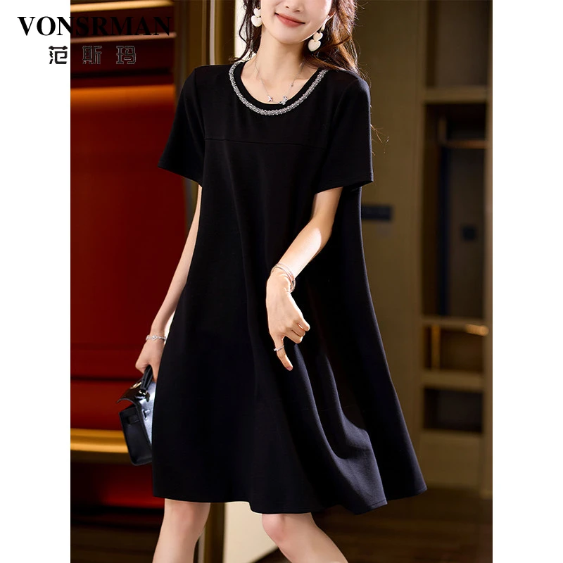 钉钻拼接连衣裙女夏季2025年新款欧洲站黑色裙子气质大码女装