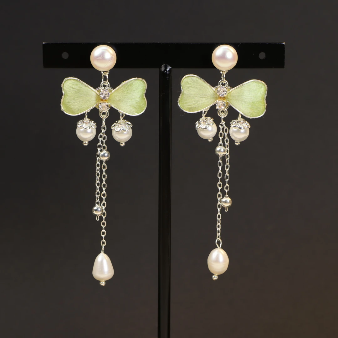 非遗绒花纯手工桑蚕丝绿色蝴蝶结耳钉日常（使用后不可退