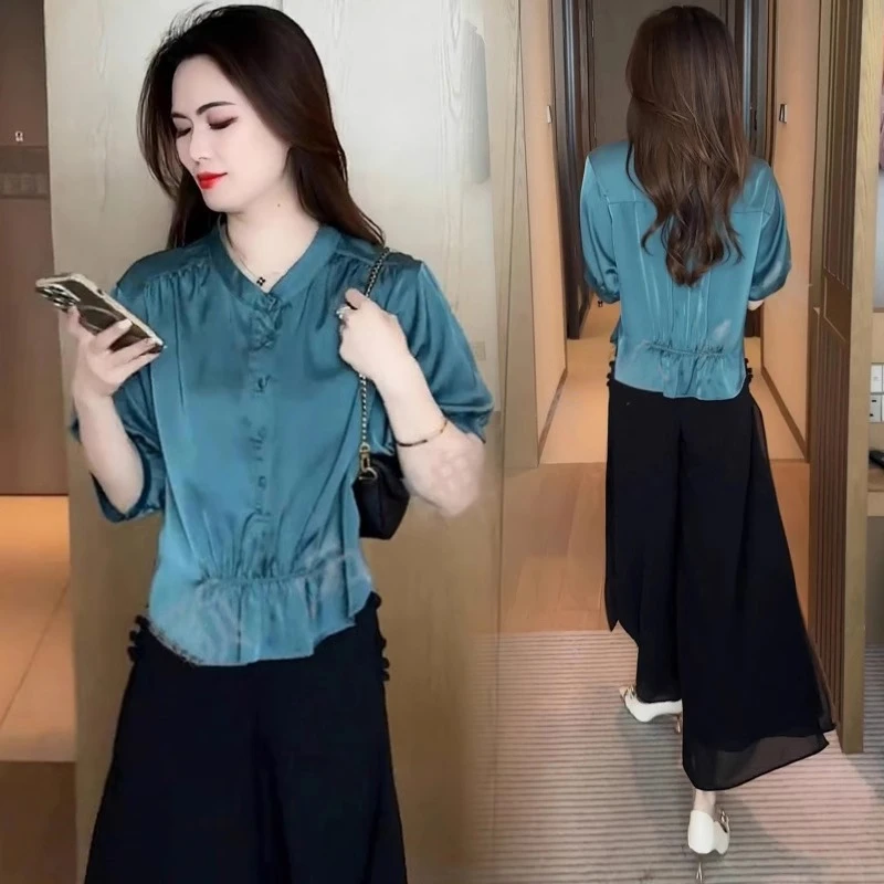 2025夏季新款宽松遮肉显瘦短款衬衣短袖上衣纯色气质高级感衬衫女