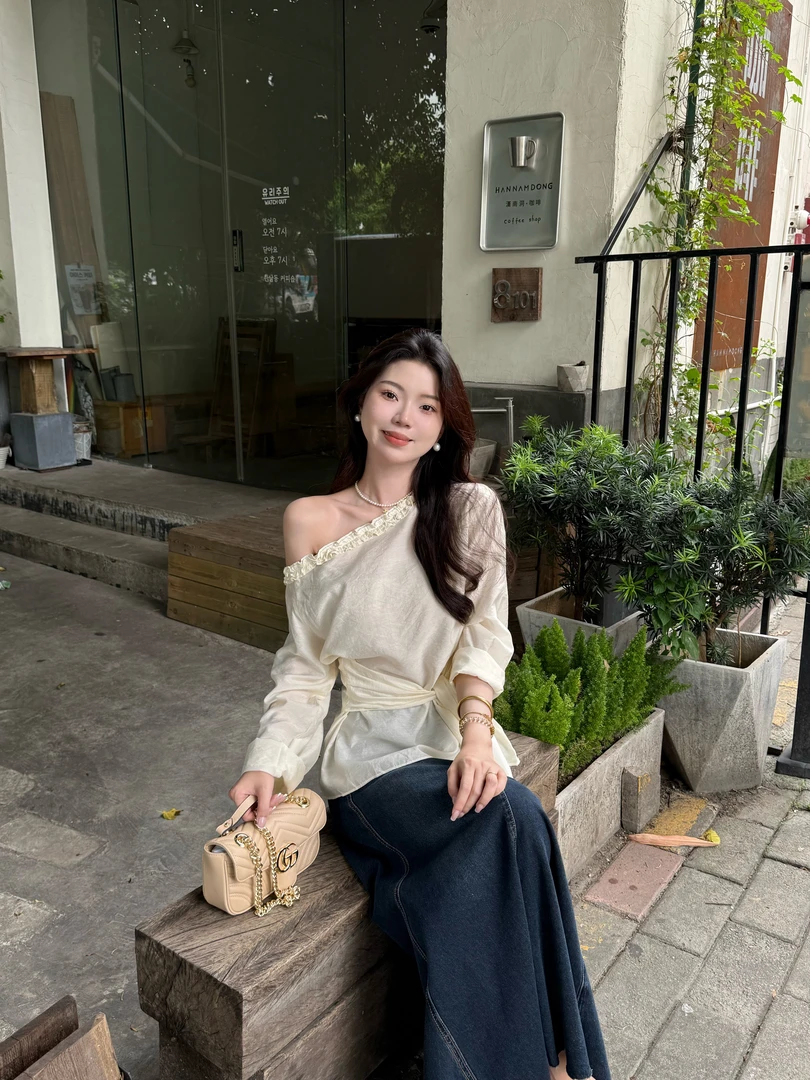 【温柔滤镜】韩系气质木耳边斜肩长袖衬衫温柔收腰设计感休闲上衣女