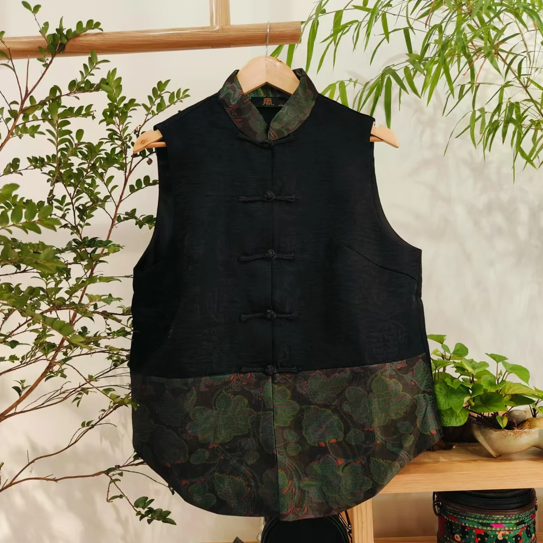 凤徕兮私人定制黑绿色拼接对襟盘扣小立领无袖马甲（LS329）