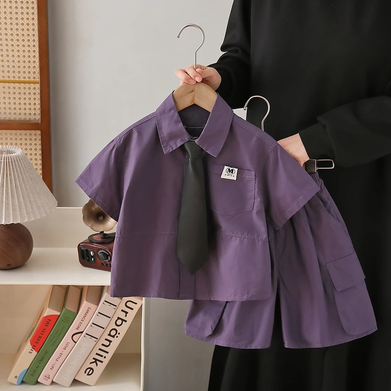 男童学院风套装2025新款儿童洋气时髦衬衫短裤两件套宝宝夏季衣服