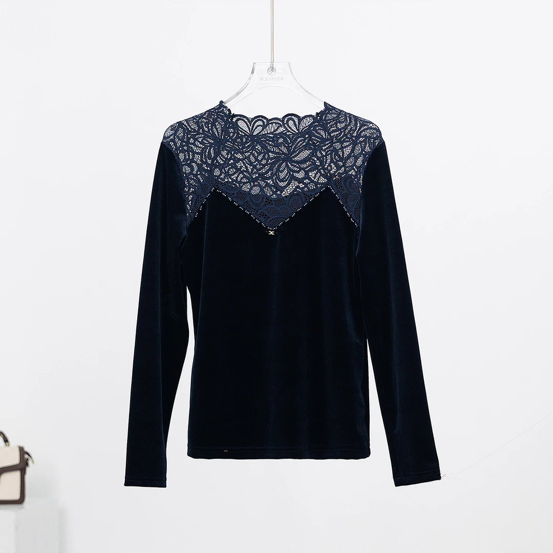 无印心匠A959 蕾丝镂空拼接丝绒通勤长袖小衫k956