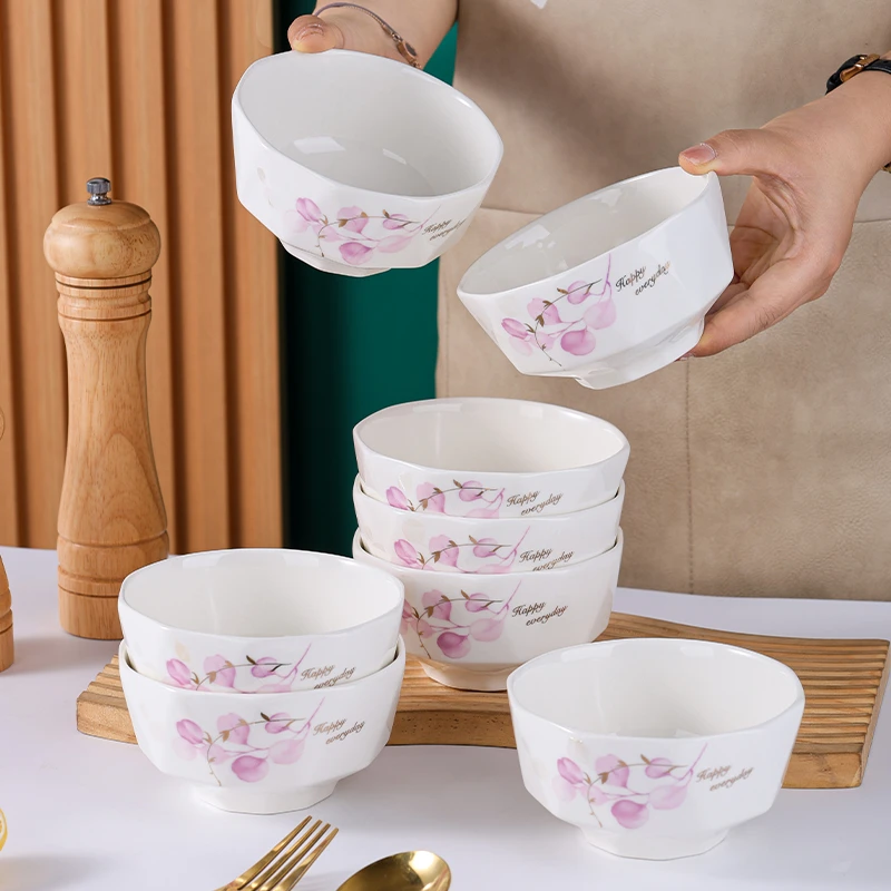 白玉粉色情怀4.5英寸米饭碗10只装家用陶瓷加厚米饭碗釉下彩