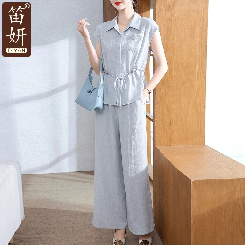 时尚妈妈夏装纯色套装中老年女装翻领衬衫短袖上衣2025新款两件套