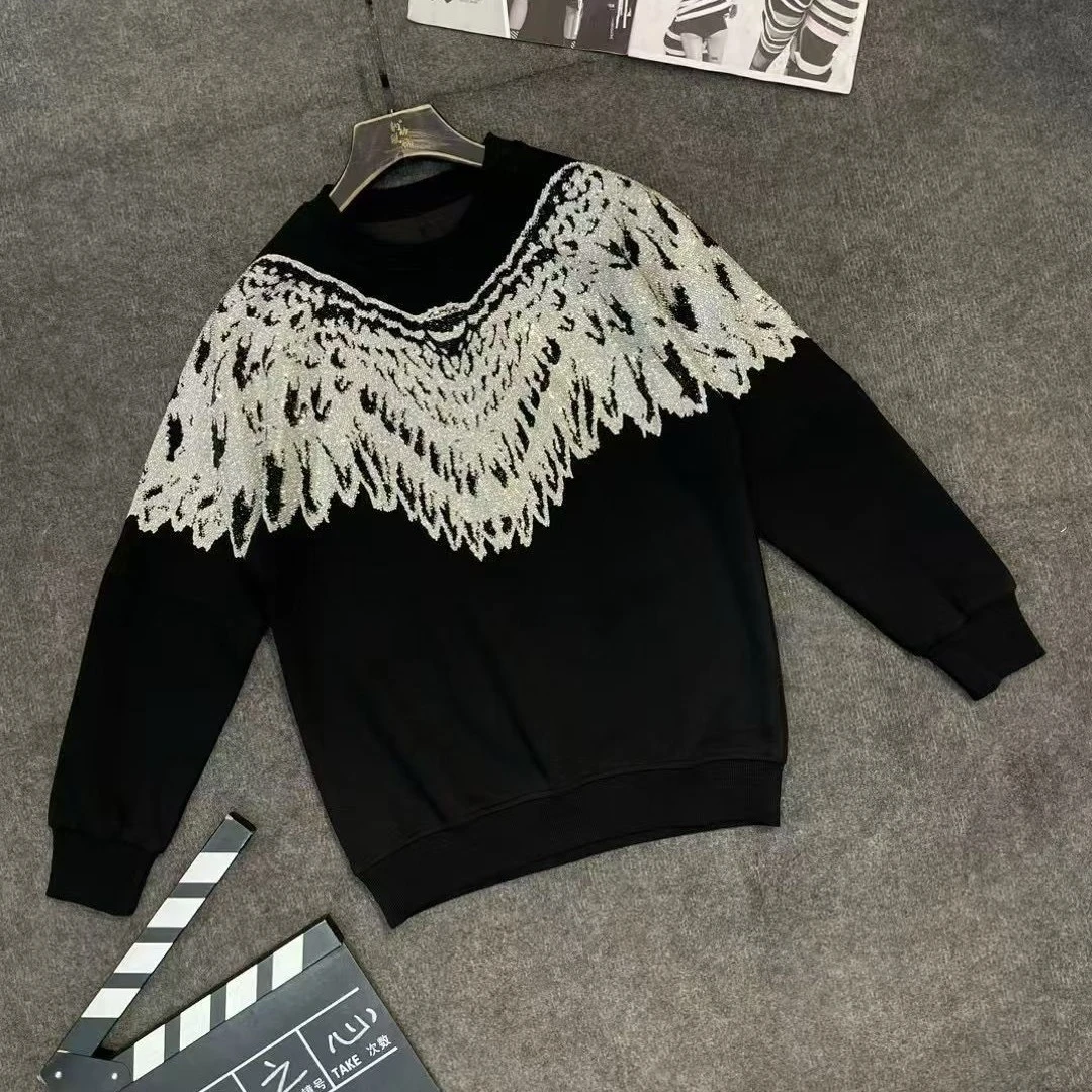 11589-551潮牌男士星星休闲运动潮流宽松镶钻翅膀烫钻卫衣套装