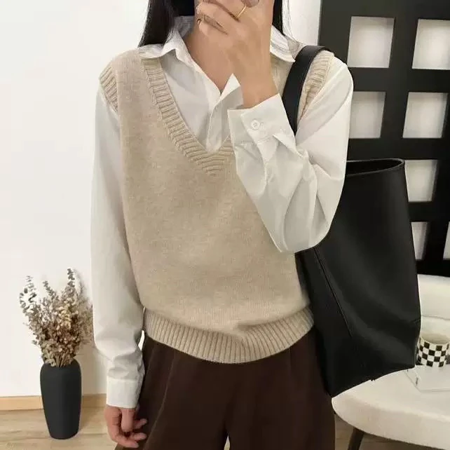 纯色V领简约款百搭针织马甲时尚显瘦休闲毛衣背心女7818