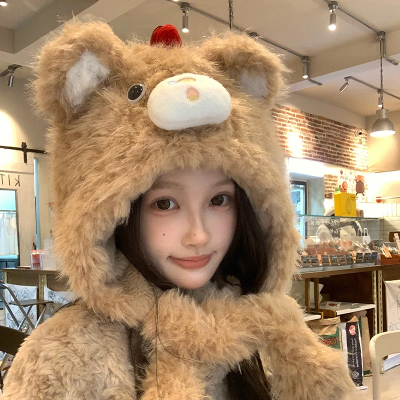 2025新款毛绒小熊帽子围巾一体女秋冬季连帽围脖加厚保暖两件套