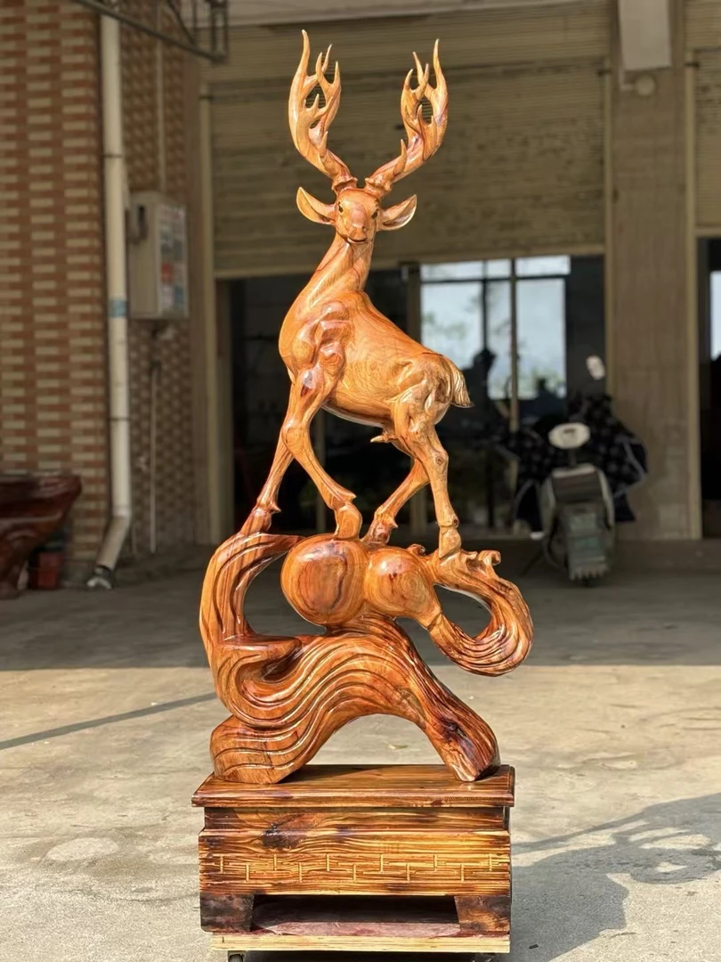 香樟木梅花鹿摆件根雕动物工艺品木雕家居饰品手工长71宽30高185