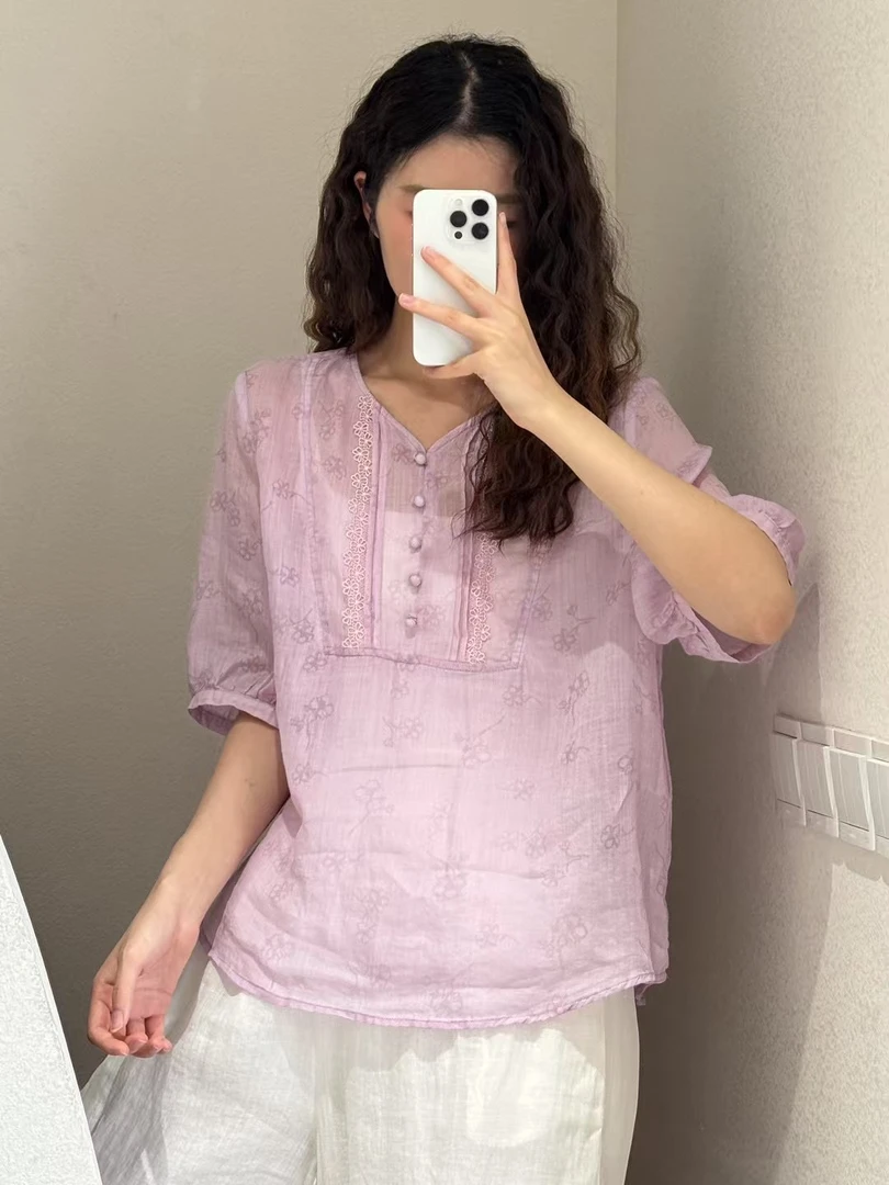 30287 丽丽--夏新款高定重工刺绣钩花苎麻衬衫女