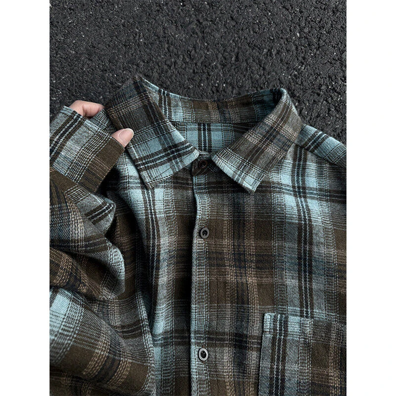 美式vintage棕蓝色格子衬衫男痞帅高级感春装长袖衬衣巴洛克外套