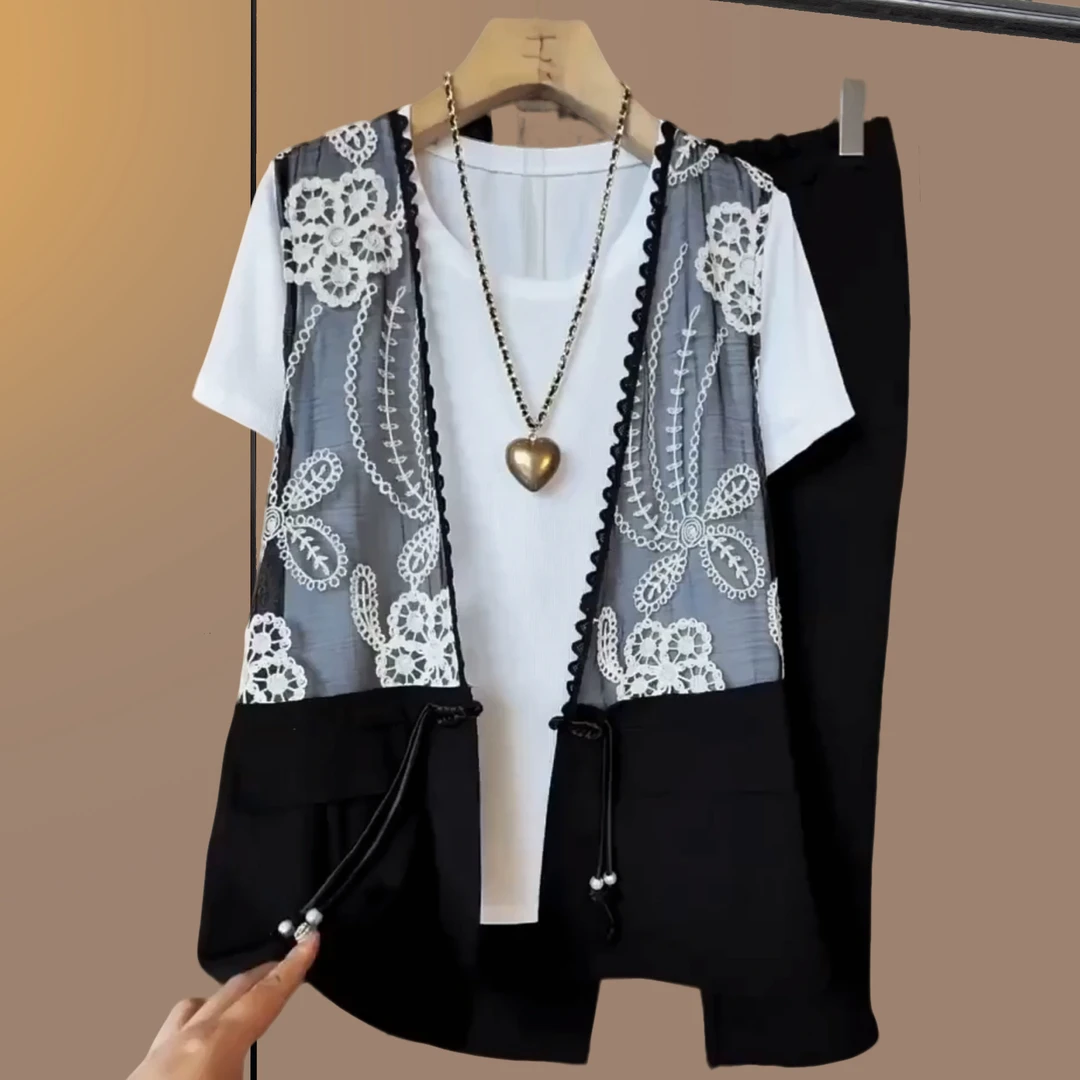 大码女装胖妹妹夏季时尚休闲风套装蕾丝花朵马甲短袖裤子三件套