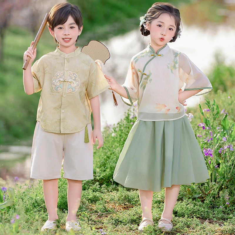 女童汉服套装夏季儿童新中式唐装演出服2025新款礼服男童宝宝古装