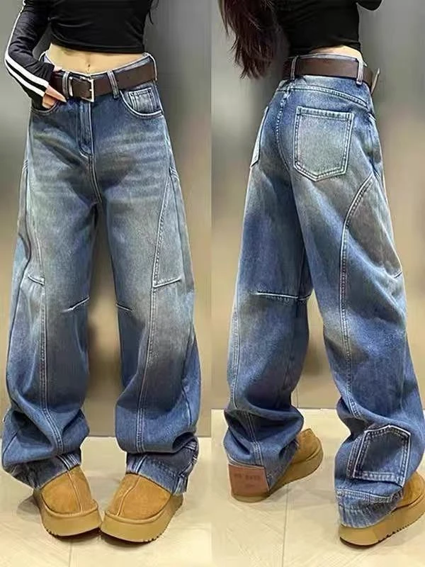 牛仔裤女2025年新款爆款春季小个子显瘦时尚弯刀裤蓝色宽松阔腿裤