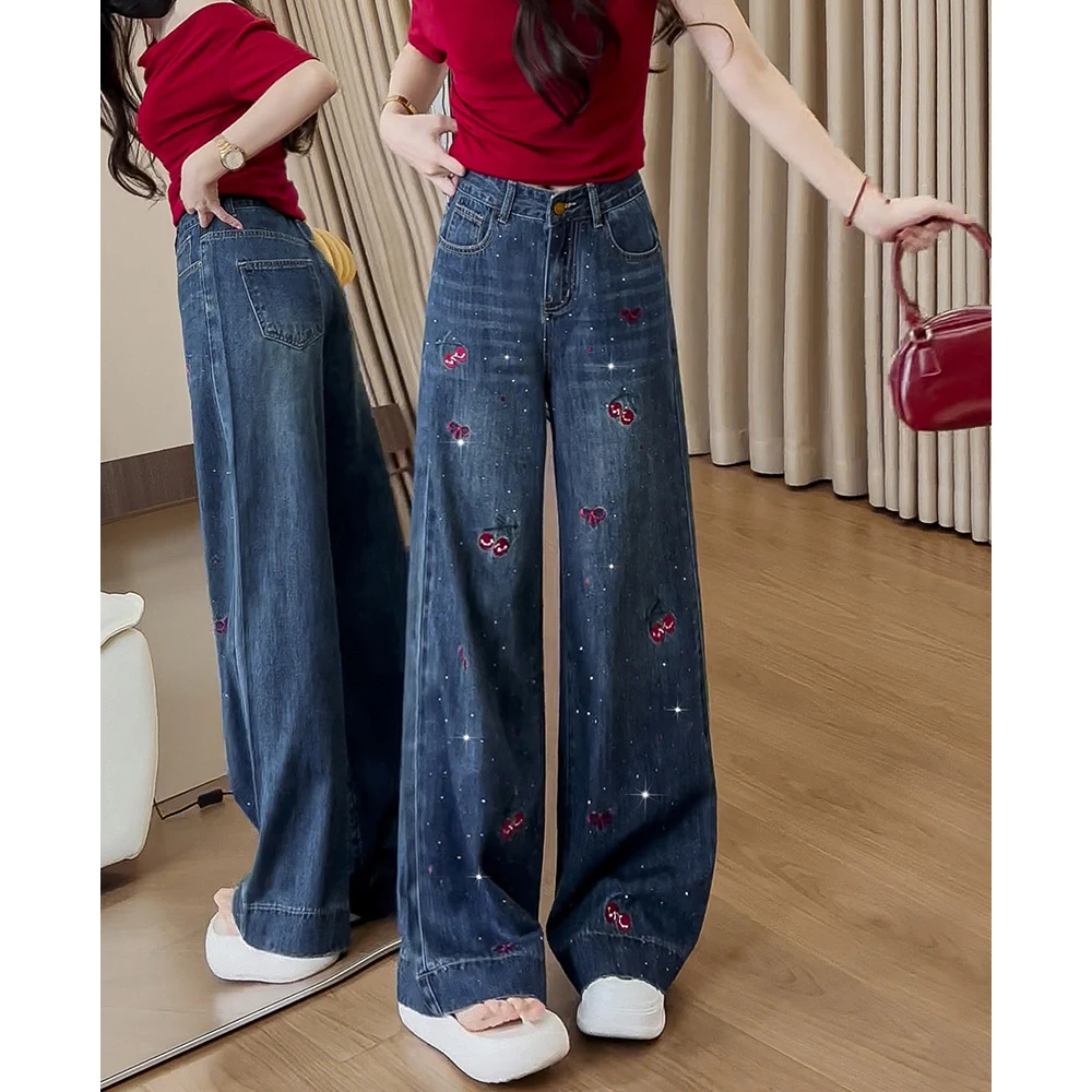 203复古刺绣高腰宽松显瘦阔腿牛仔裤女2025年秋季新款拖地长裤子