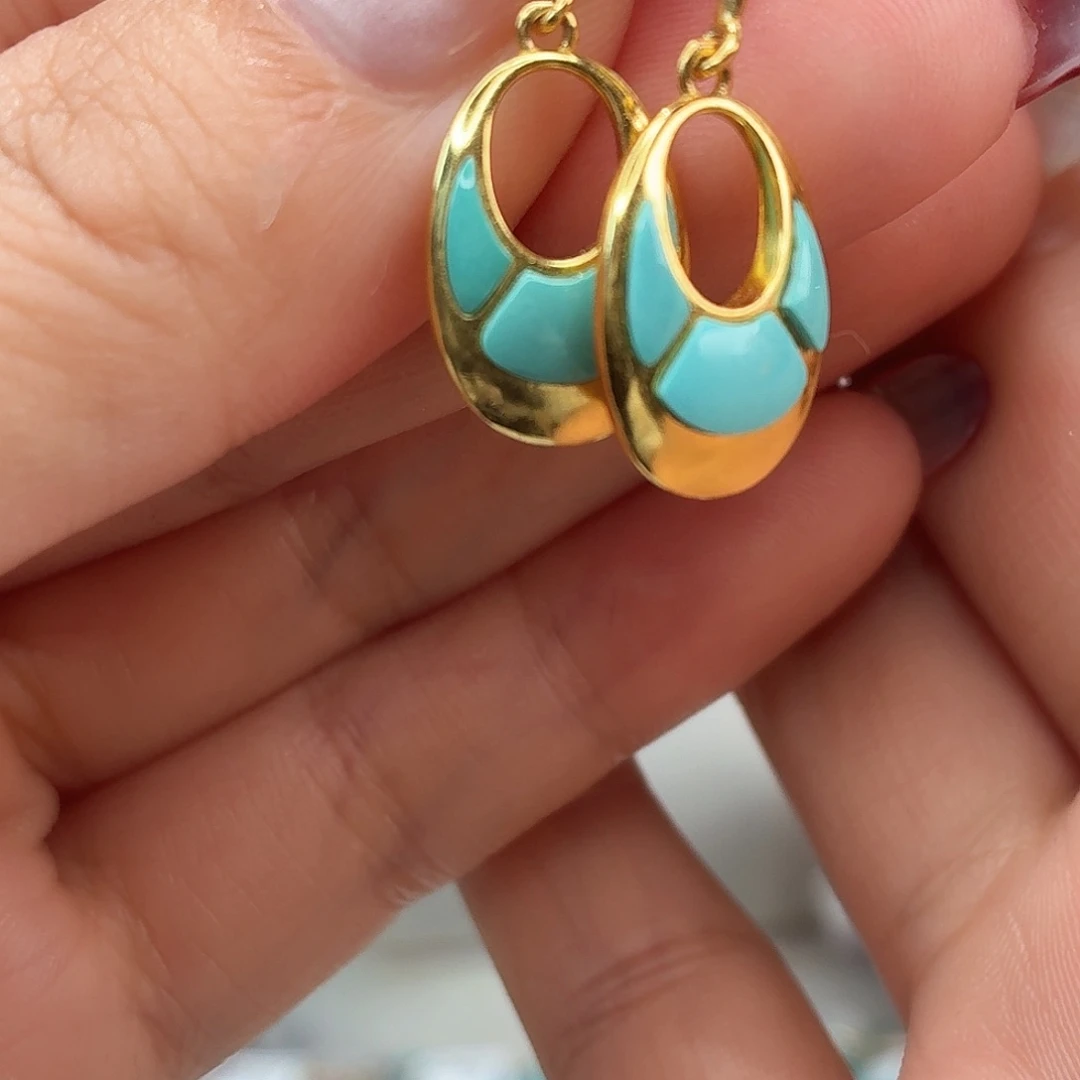 银S925镀金镶嵌绿松石耳饰