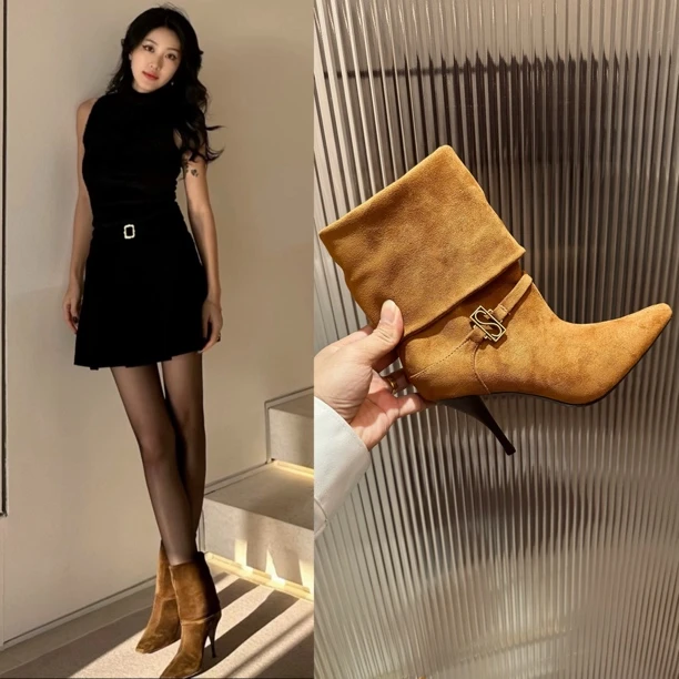 2025秋冬新款短靴女美拉德色系尖头细跟绒面金属扣气质堆堆裸靴