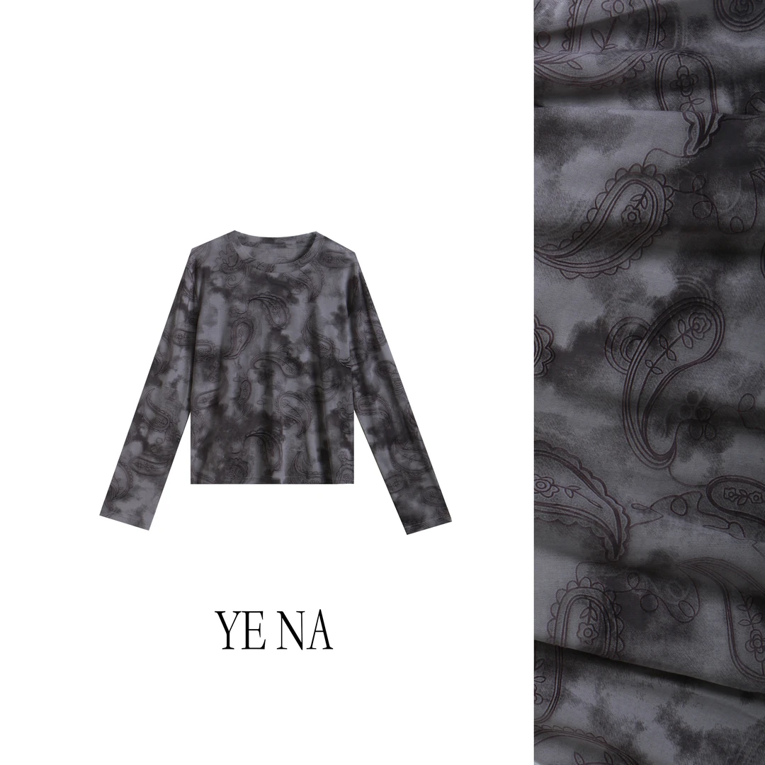 【大婷】夏季新款印花拼色宽松小众设计时尚长袖套头圆领T恤SY502