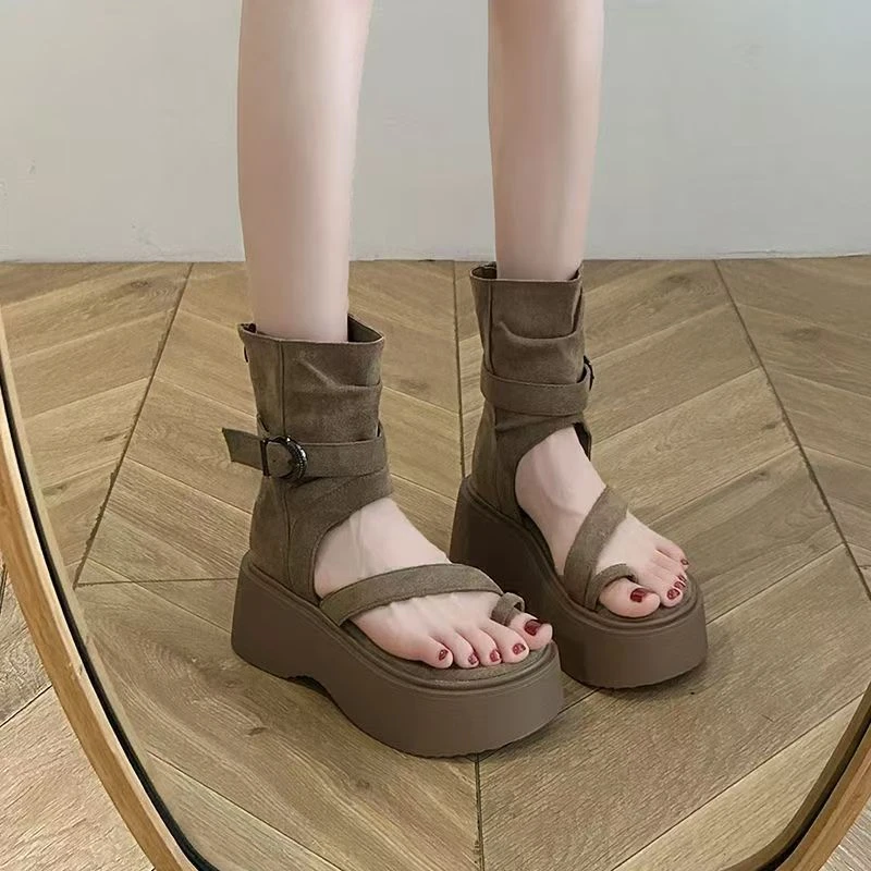 松糕厚底增高套趾凉鞋女2025新款夏季凉靴西部牛仔堆堆靴夹脚短靴