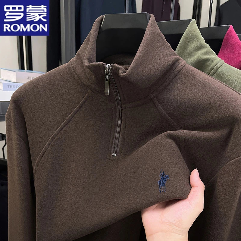 罗蒙秋冬立领卫衣商务百搭帅气T恤新款刺绣马标潮流男装打底上衣