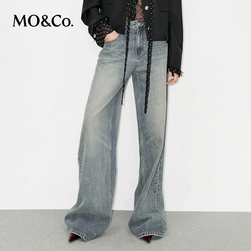 MOCO牛仔裤冬重工洗磨棉质落色精裁高腰阔腿裤MBD4JEN001